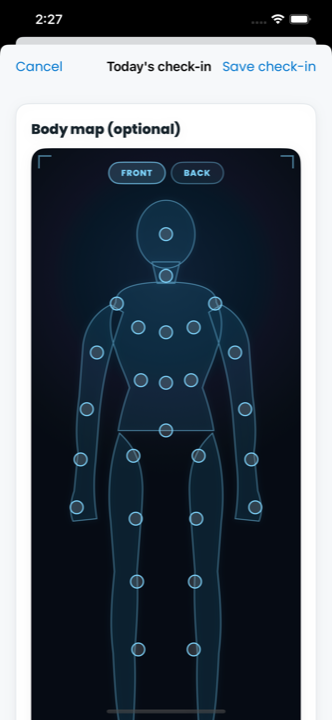SkinLogs Diary check-in body map, marking an affected spot