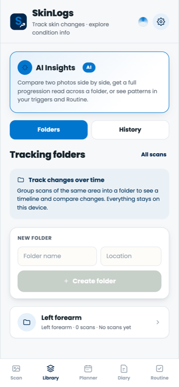 SkinLogs library tab with tracking folders