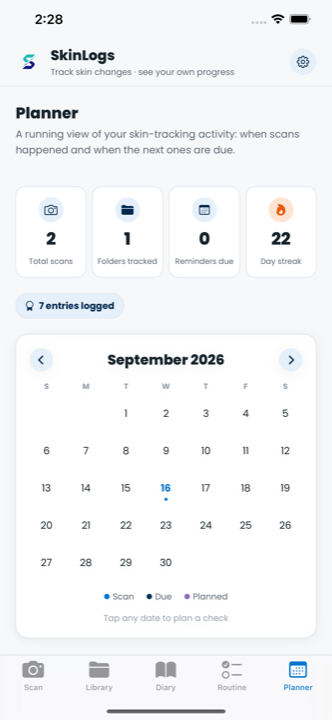 SkinLogs Planner calendar with stats and milestones