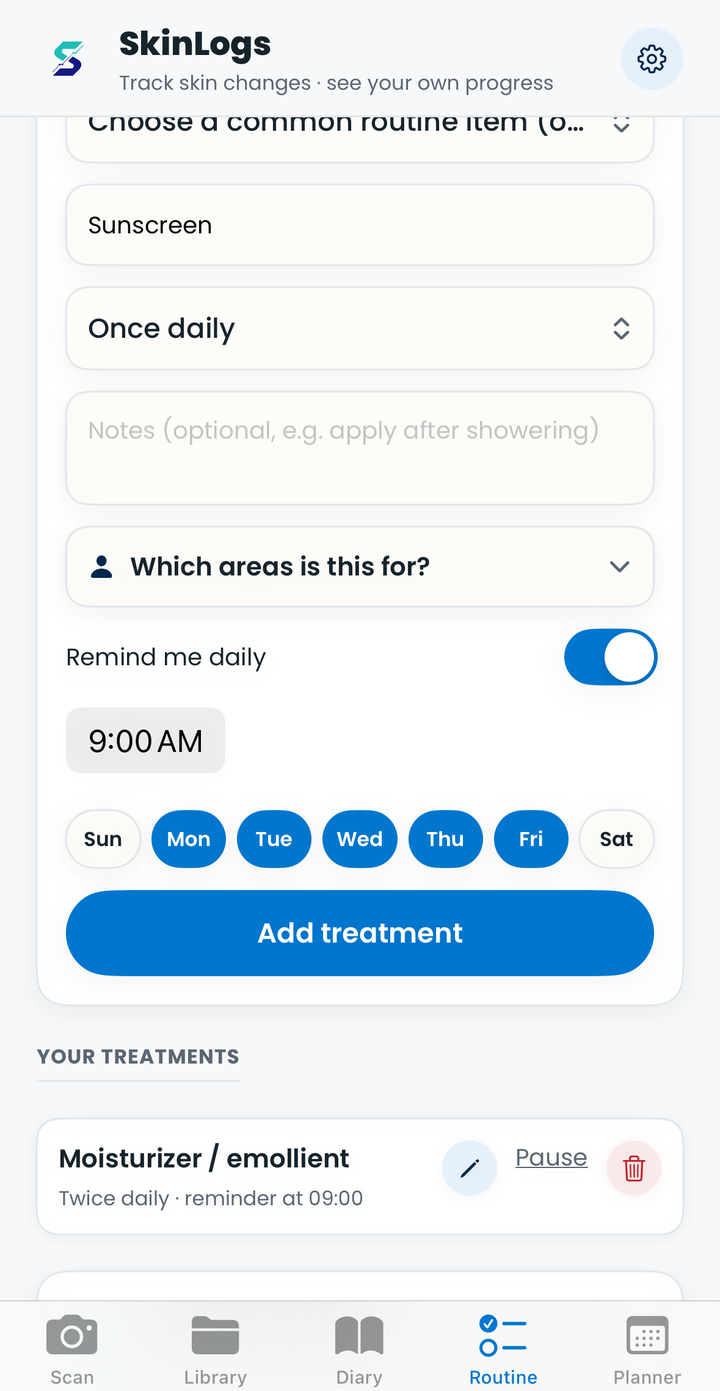 SkinLogs Routine weekday reminder picker