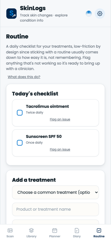 SkinLogs routine tab with treatment checklist